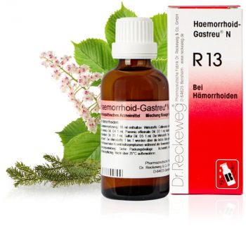 Haemorrhoid-Gastreu® N R13 Hämorrhoiden Tropfen mit Wirkstoffzutaten im Hintergrund gegen Hämorrhoiden